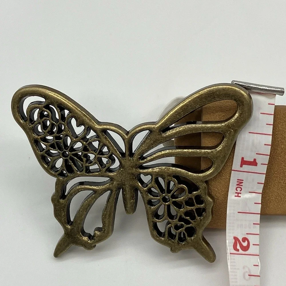 Butterfly Buckle Tan Faux Leather Belt Womens L Boho Fairy Cowgirl Hippie Whimsy